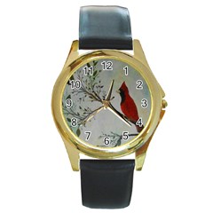 Sweet Red Cardinal Round Leather Watch (gold Rim)  by rokinronda