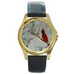 Sweet Red Cardinal Round Leather Watch (Gold Rim)  Front