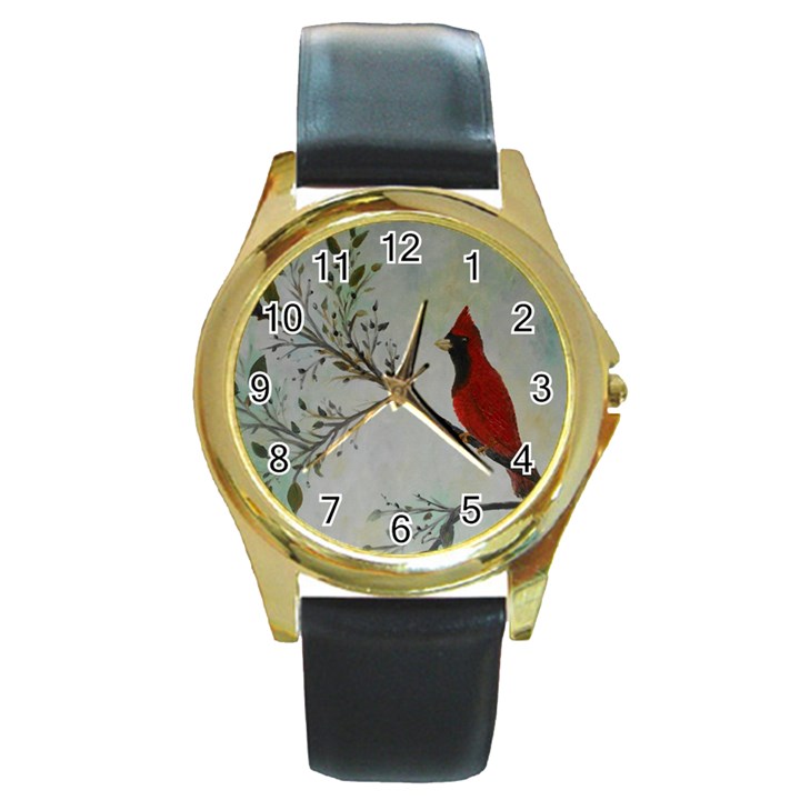 Sweet Red Cardinal Round Leather Watch (Gold Rim) 