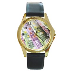 Just Gimme Money Round Leather Watch (gold Rim)  by StuffOrSomething