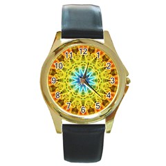 Flower Bouquet Round Leather Watch (gold Rim)  by Zandiepants