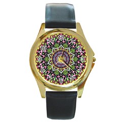 Psychedelic Leaves Mandala Round Leather Watch (gold Rim)  by Zandiepants