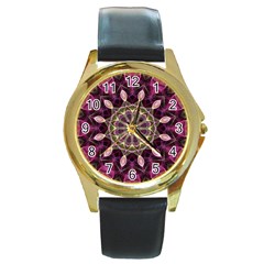 Purple Flower Round Leather Watch (gold Rim)  by Zandiepants