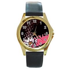 Flower Round Leather Watch (gold Rim) 