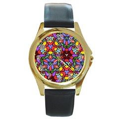 Bright Colors Round Leather Watch (gold Rim) 