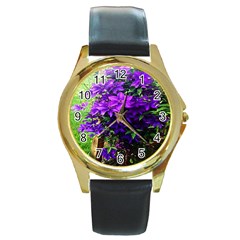 Purple Flowers Round Leather Watch (Gold Rim) 