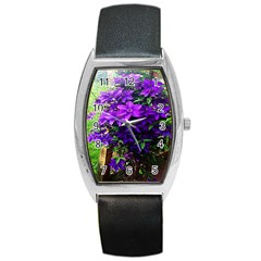 Purple Flowers Tonneau Leather Watch by Rbrendes