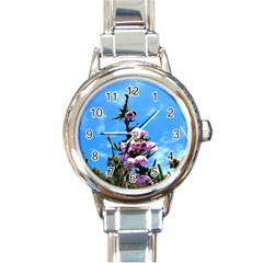 Pink Flower Round Italian Charm Watch