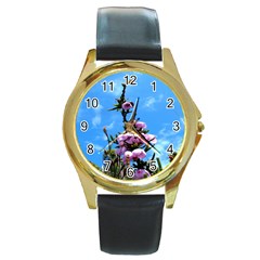 Pink Flower Round Leather Watch (gold Rim) 