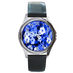 Blue Flowers Round Leather Watch (silver Rim)