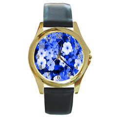 Blue Flowers Round Leather Watch (gold Rim) 