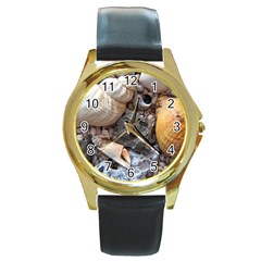 Beach Treasures Round Leather Watch (Gold Rim) 