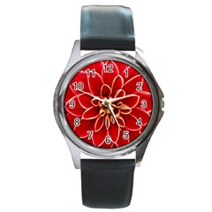 Red Dahila Round Leather Watch (Silver Rim)