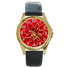 Red Dahila Round Leather Watch (Gold Rim) 