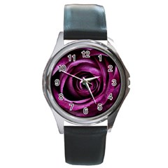 Deep Purple Rose Round Leather Watch (silver Rim) by Colorfulart23