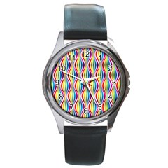 Rainbow Waves Round Leather Watch (silver Rim) by Colorfulplayground