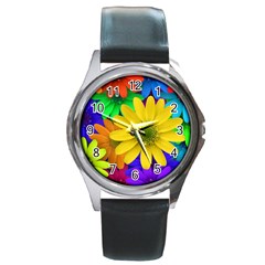 Gerbera Daisies Round Leather Watch (silver Rim)