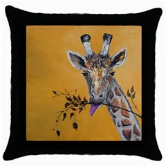 Giraffe Treat Black Throw Pillow Case by rokinronda