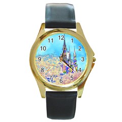 Castle For A Princess Round Leather Watch (gold Rim)  by rokinronda