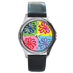 Flower Round Leather Watch (silver Rim) by Siebenhuehner