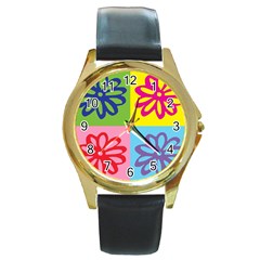 Flower Round Leather Watch (gold Rim)  by Siebenhuehner