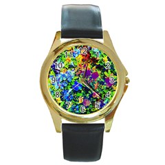 The Neon Garden Round Leather Watch (gold Rim)  by rokinronda