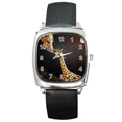 Baby Giraffe And Mom Under The Moon Square Leather Watch