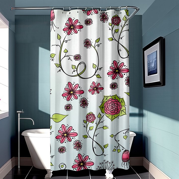 Pink Whimsical Flowers on Blue Shower Curtain 36  x 72  (Stall)