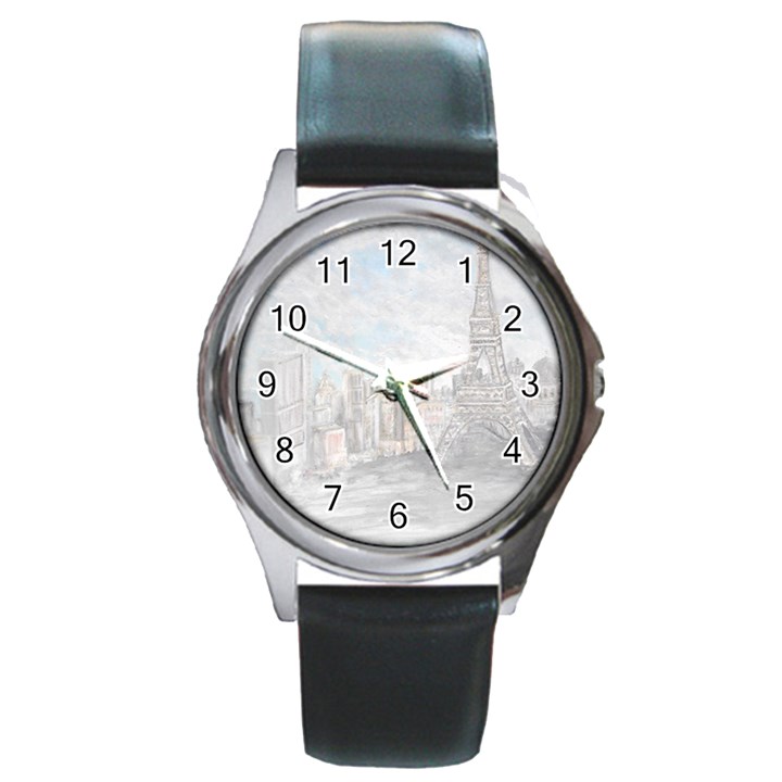 Eiffel Tower Paris Round Leather Watch (Silver Rim)