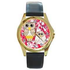 Two Owls Round Leather Watch (gold Rim)  by uniquedesignsbycassie