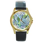 Peaceful Flower Garden 2 Round Leather Watch (Gold Rim)  Front