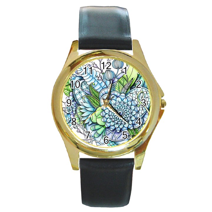 Peaceful Flower Garden 2 Round Leather Watch (Gold Rim) 