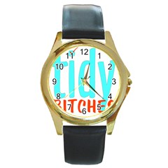 Tidy Bitcheslarge1 Fw Round Leather Watch (gold Rim) 