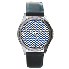 Dark Blue And White Zigzag Round Leather Watch (silver Rim) by Zandiepants