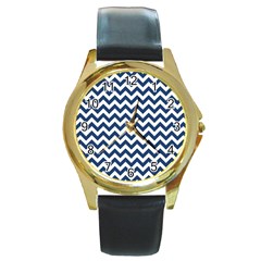 Dark Blue And White Zigzag Round Leather Watch (Gold Rim) 