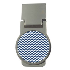 Dark Blue And White Zigzag Money Clip (round) by Zandiepants