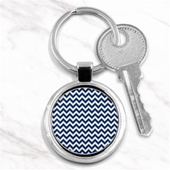 Dark Blue And White Zigzag Key Chain (round) by Zandiepants