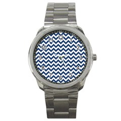 Dark Blue And White Zigzag Sport Metal Watch by Zandiepants