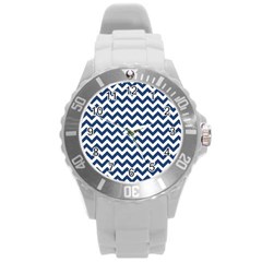 Dark Blue And White Zigzag Plastic Sport Watch (Large)