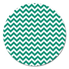 Emerald Green And White Zigzag Magnet 5  (round)