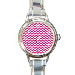 Hot Pink And White Zigzag Round Italian Charm Watch by Zandiepants