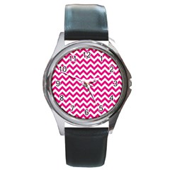 Hot Pink And White Zigzag Round Leather Watch (silver Rim) by Zandiepants