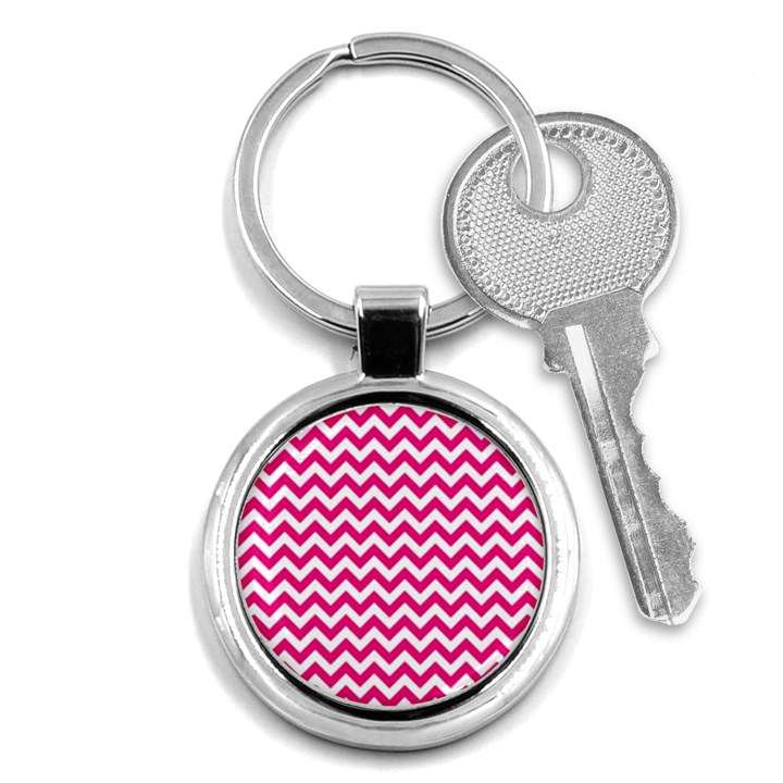 Hot Pink And White Zigzag Key Chain (Round)