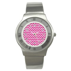 Hot Pink And White Zigzag Stainless Steel Watch (slim) by Zandiepants