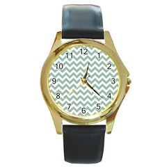 Jade Green And White Zigzag Round Leather Watch (gold Rim)  by Zandiepants