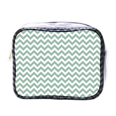 Jade Green And White Zigzag Mini Travel Toiletry Bag (one Side) by Zandiepants