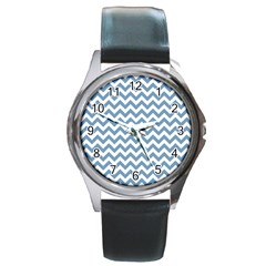 Blue And White Zigzag Round Leather Watch (silver Rim) by Zandiepants