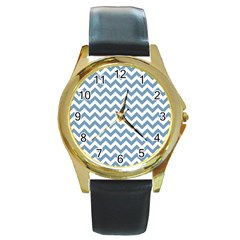 Blue And White Zigzag Round Leather Watch (gold Rim)  by Zandiepants