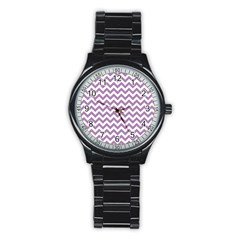 Lilac And White Zigzag Sport Metal Watch (black) by Zandiepants