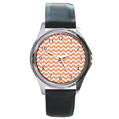 Orange And White Zigzag Round Leather Watch (silver Rim)